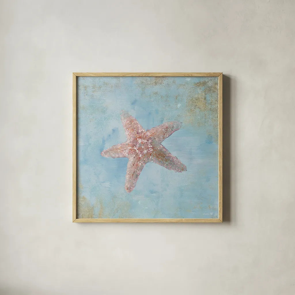 Treasures from the Sea IV Watercolor by Danhui Nai. Shown in a natural wood glass frame for a timeless modern aesthetic. Available as an archival giclee rolled canvas, fine art paper, or poster print. SKU 26760a.