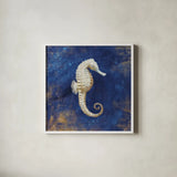 Treasures from the Sea Indigo I by Danhui Nai. Shown in a crisp white glass frame for a clean and minimalist style. Available as an archival giclee rolled canvas, fine art paper, or poster print. SKU 20048a.