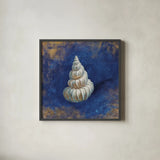 Treasures from the Sea Indigo II by Danhui Nai. Shown in a sleek black glass frame for a contemporary gallery look. Available as an archival giclee rolled canvas, fine art paper, or poster print. SKU 20049a.