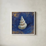 Treasures from the Sea Indigo II by Danhui Nai. Shown in a crisp white glass frame for a clean and minimalist style. Available as an archival giclee rolled canvas, fine art paper, or poster print. SKU 20049a.