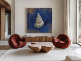 Treasures from the Sea Indigo II by Danhui Nai. Shown as extra-large giant wall art in a modern living room. Available as an archival giclee rolled canvas, fine art paper, or poster print. SKU 20049a.