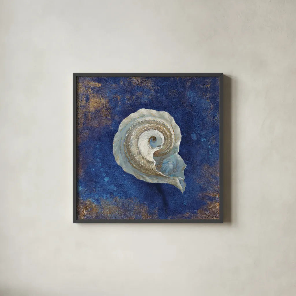 Treasures from the Sea Indigo III by Danhui Nai. Shown in a sleek black glass frame for a contemporary gallery look. Available as an archival giclee rolled canvas, fine art paper, or poster print. SKU 20050a.