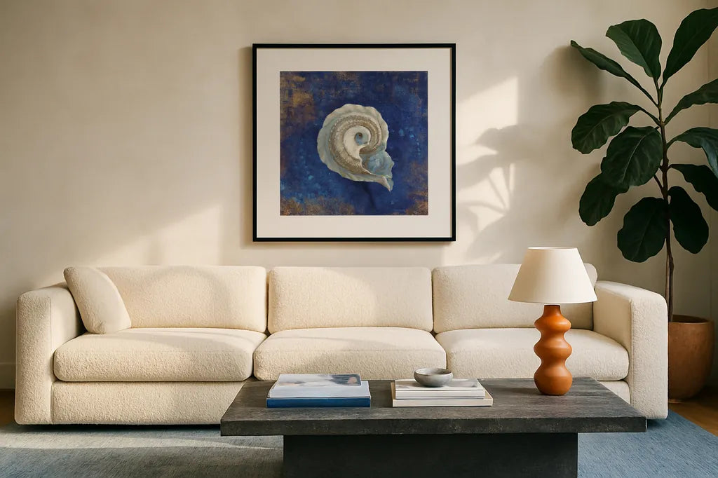 Treasures from the Sea Indigo III by Danhui Nai. Displayed in a glass frame with matte in a clean modern living room. Available as an archival giclee rolled canvas, fine art paper, or poster print. SKU 20050a.