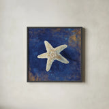 Treasures from the Sea Indigo IV by Danhui Nai. Shown in a sleek black glass frame for a contemporary gallery look. Available as an archival giclee rolled canvas, fine art paper, or poster print. SKU 20051a.