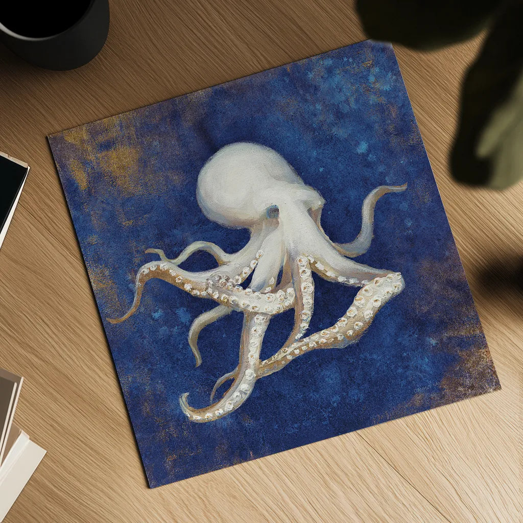 Treasures from the Sea Indigo V by Danhui Nai. Shown as a detailed flat fine art print, highlighting archival giclee quality. Available as an archival giclee rolled canvas, fine art paper, or poster print. SKU 20052a.