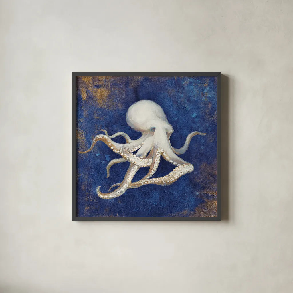 Treasures from the Sea Indigo V by Danhui Nai. Shown in a sleek black glass frame for a contemporary gallery look. Available as an archival giclee rolled canvas, fine art paper, or poster print. SKU 20052a.