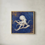 Treasures from the Sea Indigo V by Danhui Nai. Shown in a natural wood glass frame for a timeless modern aesthetic. Available as an archival giclee rolled canvas, fine art paper, or poster print. SKU 20052a.