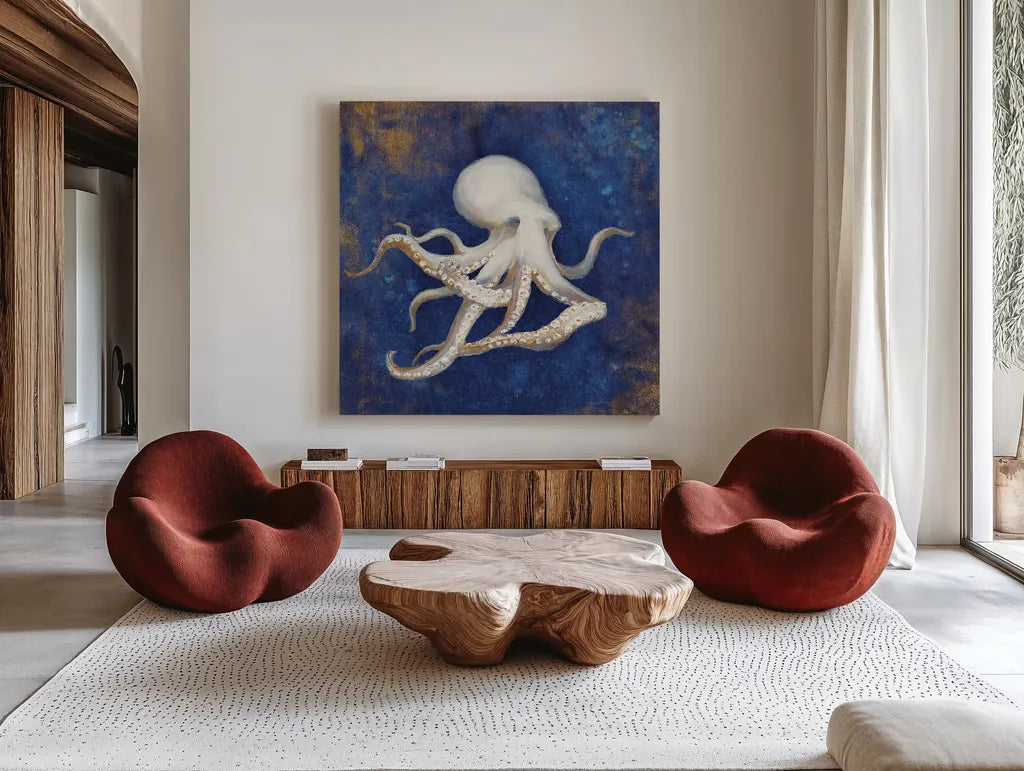 Treasures from the Sea Indigo V by Danhui Nai. Shown as extra-large giant wall art in a modern living room. Available as an archival giclee rolled canvas, fine art paper, or poster print. SKU 20052a.