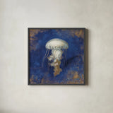 Treasures from the Sea Indigo VI by Danhui Nai. Shown in a sleek black glass frame for a contemporary gallery look. Available as an archival giclee rolled canvas, fine art paper, or poster print. SKU 20053a.