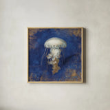 Treasures from the Sea Indigo VI by Danhui Nai. Shown in a natural wood glass frame for a timeless modern aesthetic. Available as an archival giclee rolled canvas, fine art paper, or poster print. SKU 20053a.