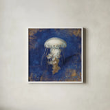 Treasures from the Sea Indigo VI by Danhui Nai. Shown in a crisp white glass frame for a clean and minimalist style. Available as an archival giclee rolled canvas, fine art paper, or poster print. SKU 20053a.