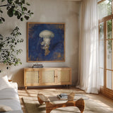 Treasures from the Sea Indigo VI by Danhui Nai. Shown in a natural wood frame in a cozy modern living room. Available as an archival giclee rolled canvas, fine art paper, or poster print. SKU 20053a.