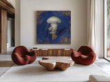 Treasures from the Sea Indigo VI by Danhui Nai. Shown as extra-large giant wall art in a modern living room. Available as an archival giclee rolled canvas, fine art paper, or poster print. SKU 20053a.