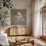Treasures from the Sea V by Danhui Nai. Shown in a natural wood frame in a cozy modern living room. Available as an archival giclee rolled canvas, fine art paper, or poster print. SKU 20693a.