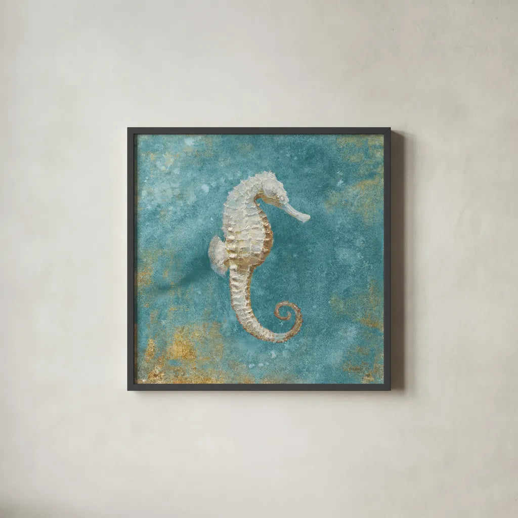 Treaures from the Sea I Aqua by Danhui Nai. Shown in a sleek black glass frame for a contemporary gallery look. Available as an archival giclee rolled canvas, fine art paper, or poster print. SKU 21825a.