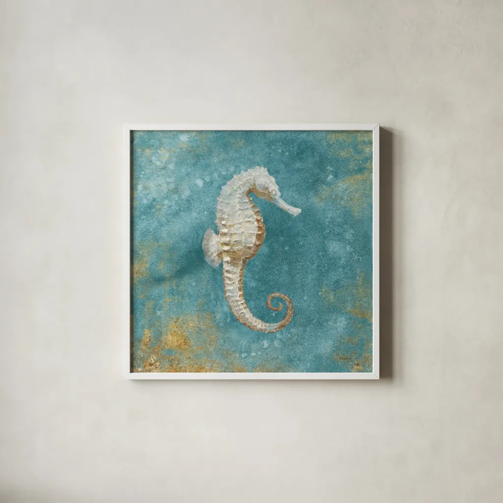 Treaures from the Sea I Aqua by Danhui Nai. Shown in a crisp white glass frame for a clean and minimalist style. Available as an archival giclee rolled canvas, fine art paper, or poster print. SKU 21825a.