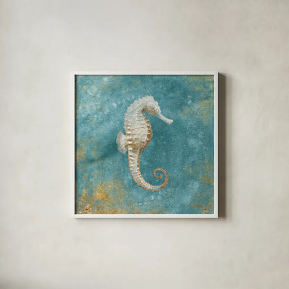 Treaures from the Sea I Aqua by Danhui Nai. Shown in a crisp white glass frame for a clean and minimalist style. Available as an archival giclee rolled canvas, fine art paper, or poster print. SKU 21825a.