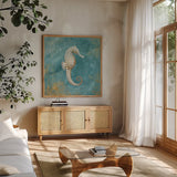 Treaures from the Sea I Aqua by Danhui Nai. Shown in a natural wood frame in a cozy modern living room. Available as an archival giclee rolled canvas, fine art paper, or poster print. SKU 21825a.