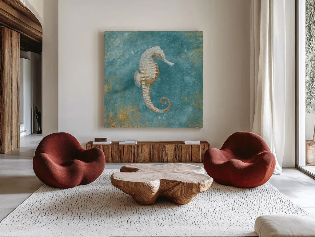 Treaures from the Sea I Aqua by Danhui Nai. Shown as extra-large giant wall art in a modern living room. Available as an archival giclee rolled canvas, fine art paper, or poster print. SKU 21825a.