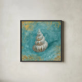 Treaures from the Sea II Aqua by Danhui Nai. Shown in a sleek black glass frame for a contemporary gallery look. Available as an archival giclee rolled canvas, fine art paper, or poster print. SKU 21826a.