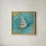 Treaures from the Sea II Aqua by Danhui Nai. Shown in a natural wood glass frame for a timeless modern aesthetic. Available as an archival giclee rolled canvas, fine art paper, or poster print. SKU 21826a.