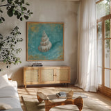 Treaures from the Sea II Aqua by Danhui Nai. Shown in a natural wood frame in a cozy modern living room. Available as an archival giclee rolled canvas, fine art paper, or poster print. SKU 21826a.