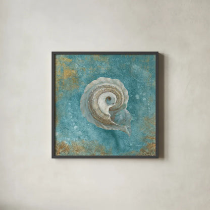 Treaures from the Sea III Aqua by Danhui Nai. Shown in a sleek black glass frame for a contemporary gallery look. Available as an archival giclee rolled canvas, fine art paper, or poster print. SKU 21827a.