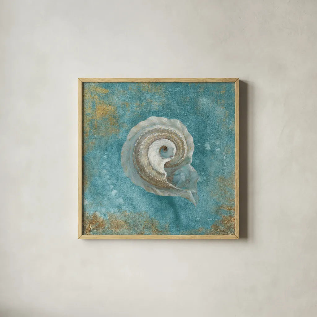 Treaures from the Sea III Aqua by Danhui Nai. Shown in a natural wood glass frame for a timeless modern aesthetic. Available as an archival giclee rolled canvas, fine art paper, or poster print. SKU 21827a.