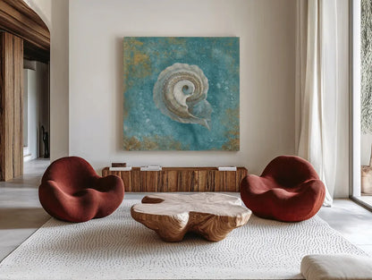 Treaures from the Sea III Aqua by Danhui Nai. Shown as extra-large giant wall art in a modern living room. Available as an archival giclee rolled canvas, fine art paper, or poster print. SKU 21827a.
