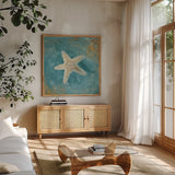 Treaures from the Sea IV Aqua by Danhui Nai. Shown in a natural wood frame in a cozy modern living room. Available as an archival giclee rolled canvas, fine art paper, or poster print. SKU 21828a.