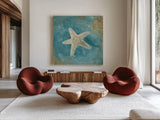 Treaures from the Sea IV Aqua by Danhui Nai. Shown as extra-large giant wall art in a modern living room. Available as an archival giclee rolled canvas, fine art paper, or poster print. SKU 21828a.