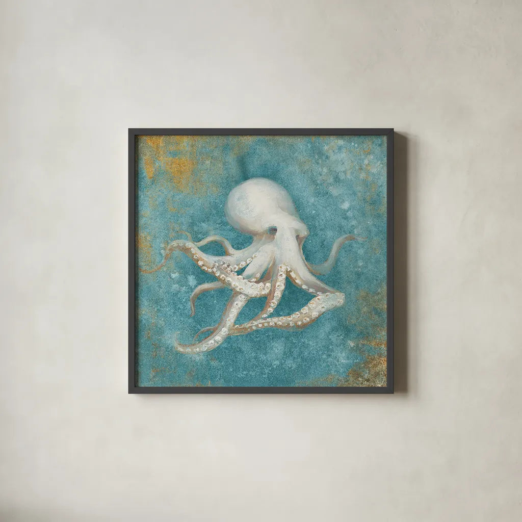 Treaures from the Sea V Aqua by Danhui Nai. Shown in a sleek black glass frame for a contemporary gallery look. Available as an archival giclee rolled canvas, fine art paper, or poster print. SKU 21829a.