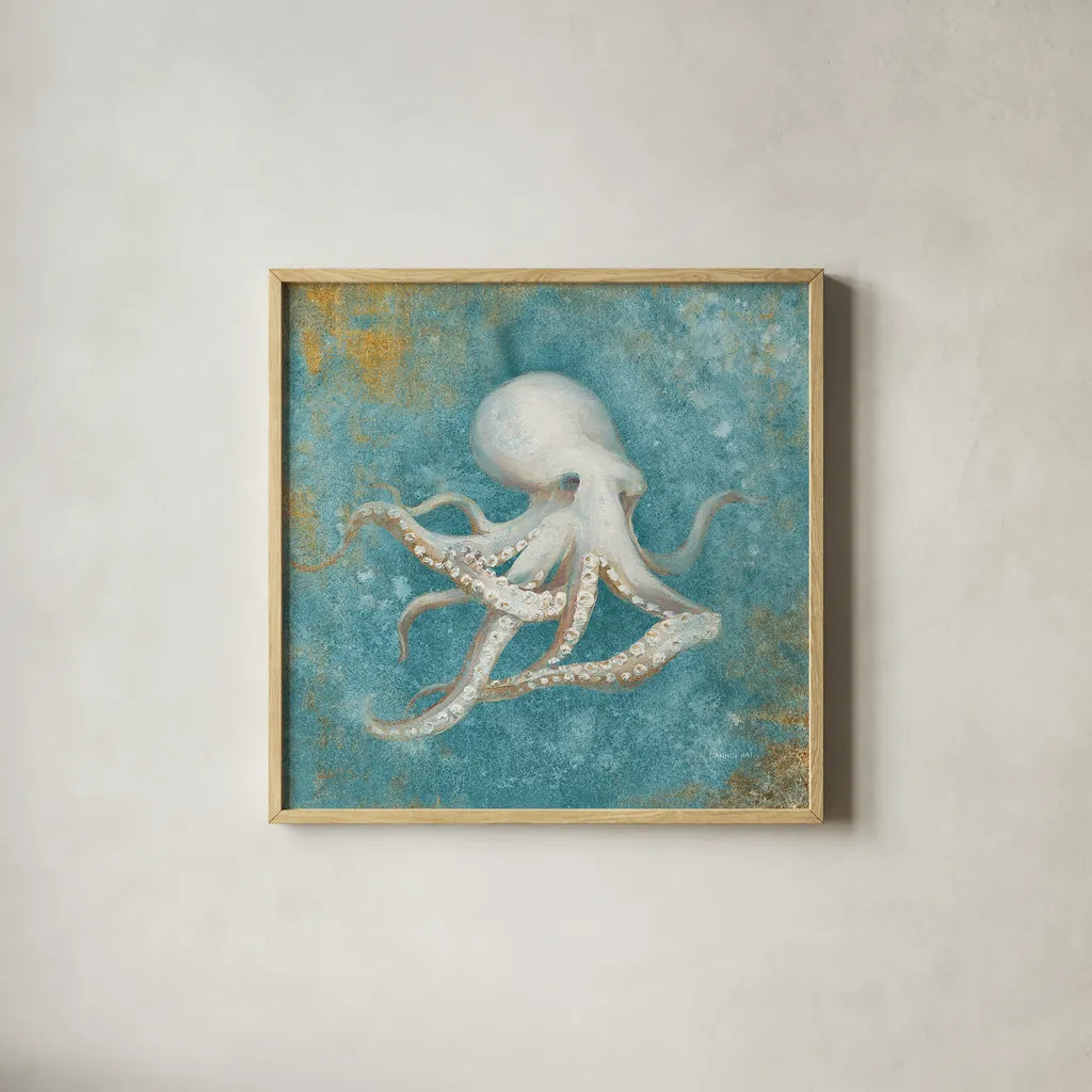 Treaures from the Sea V Aqua by Danhui Nai. Shown in a natural wood glass frame for a timeless modern aesthetic. Available as an archival giclee rolled canvas, fine art paper, or poster print. SKU 21829a.