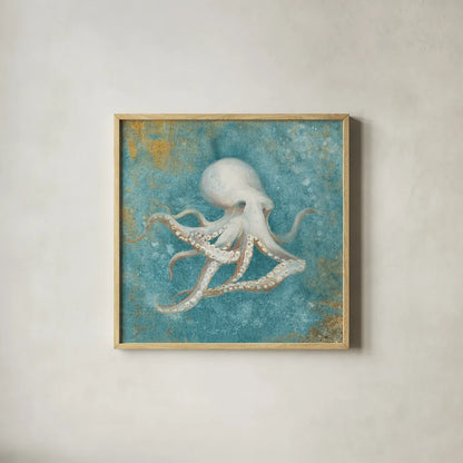 Treaures from the Sea V Aqua by Danhui Nai. Shown in a natural wood glass frame for a timeless modern aesthetic. Available as an archival giclee rolled canvas, fine art paper, or poster print. SKU 21829a.