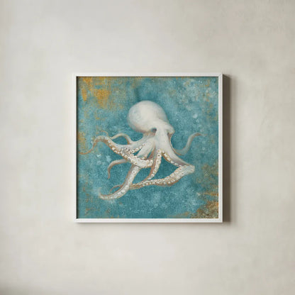 Treaures from the Sea V Aqua by Danhui Nai. Shown in a crisp white glass frame for a clean and minimalist style. Available as an archival giclee rolled canvas, fine art paper, or poster print. SKU 21829a.