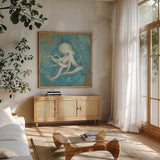 Treaures from the Sea V Aqua by Danhui Nai. Shown in a natural wood frame in a cozy modern living room. Available as an archival giclee rolled canvas, fine art paper, or poster print. SKU 21829a.
