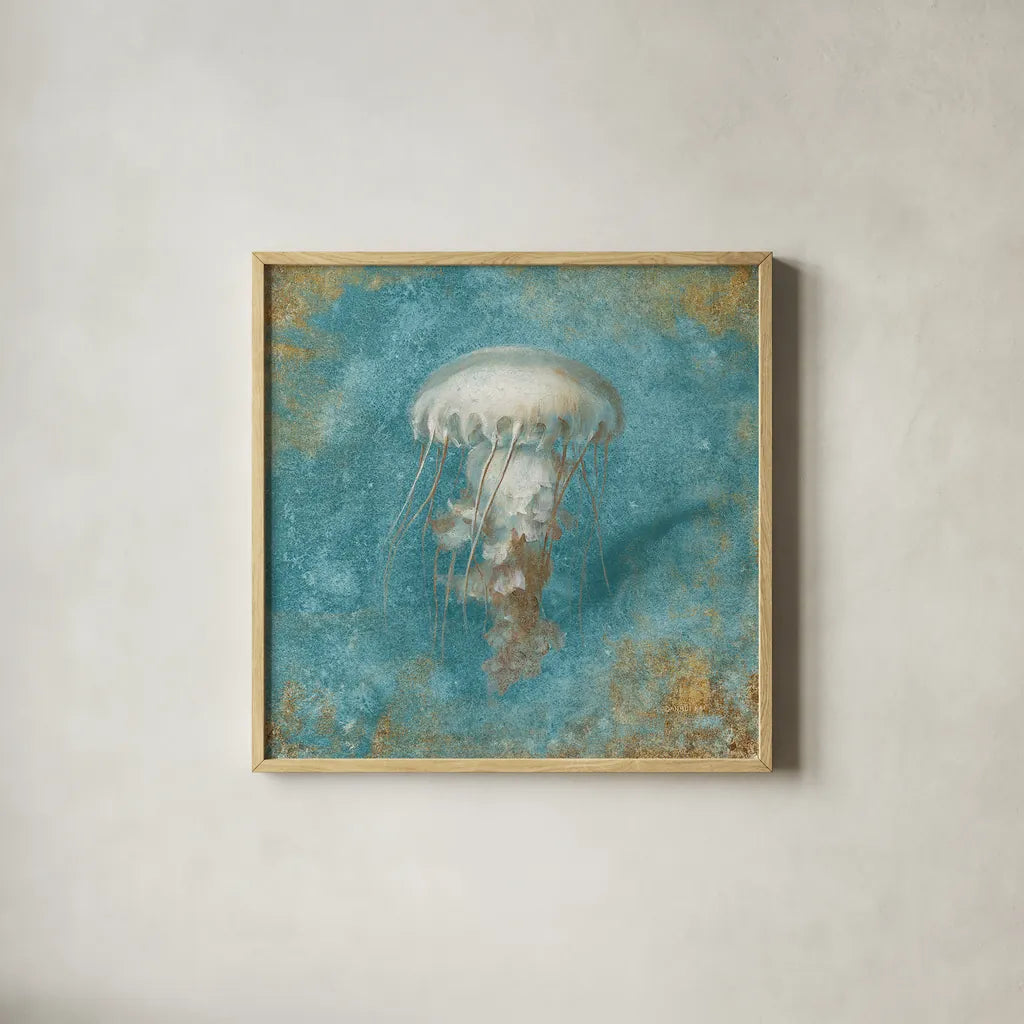 Treaures from the Sea VI Aqua by Danhui Nai. Shown in a natural wood glass frame for a timeless modern aesthetic. Available as an archival giclee rolled canvas, fine art paper, or poster print. SKU 21830a.