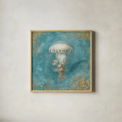 Treaures from the Sea VI Aqua by Danhui Nai. Shown in a natural wood glass frame for a timeless modern aesthetic. Available as an archival giclee rolled canvas, fine art paper, or poster print. SKU 21830a.