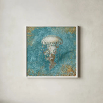 Treaures from the Sea VI Aqua by Danhui Nai. Shown in a crisp white glass frame for a clean and minimalist style. Available as an archival giclee rolled canvas, fine art paper, or poster print. SKU 21830a.