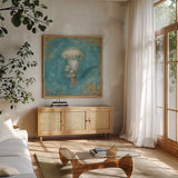 Treaures from the Sea VI Aqua by Danhui Nai. Shown in a natural wood frame in a cozy modern living room. Available as an archival giclee rolled canvas, fine art paper, or poster print. SKU 21830a.
