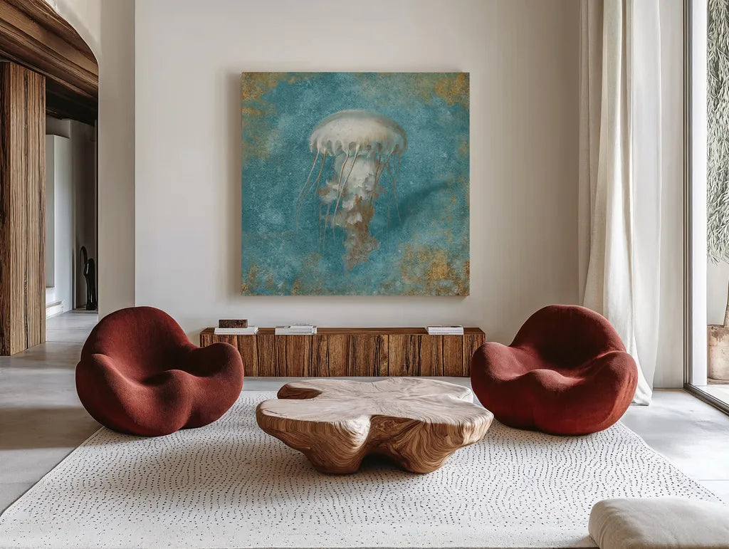 Treaures from the Sea VI Aqua by Danhui Nai. Shown as extra-large giant wall art in a modern living room. Available as an archival giclee rolled canvas, fine art paper, or poster print. SKU 21830a.