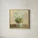 Tres Chic Daisies by Danhui Nai. Shown in a natural wood glass frame for a timeless modern aesthetic. Available as an archival giclee rolled canvas, fine art paper, or poster print. SKU 10158a.