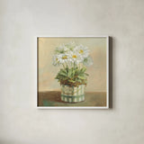 Tres Chic Daisies by Danhui Nai. Shown in a crisp white glass frame for a clean and minimalist style. Available as an archival giclee rolled canvas, fine art paper, or poster print. SKU 10158a.