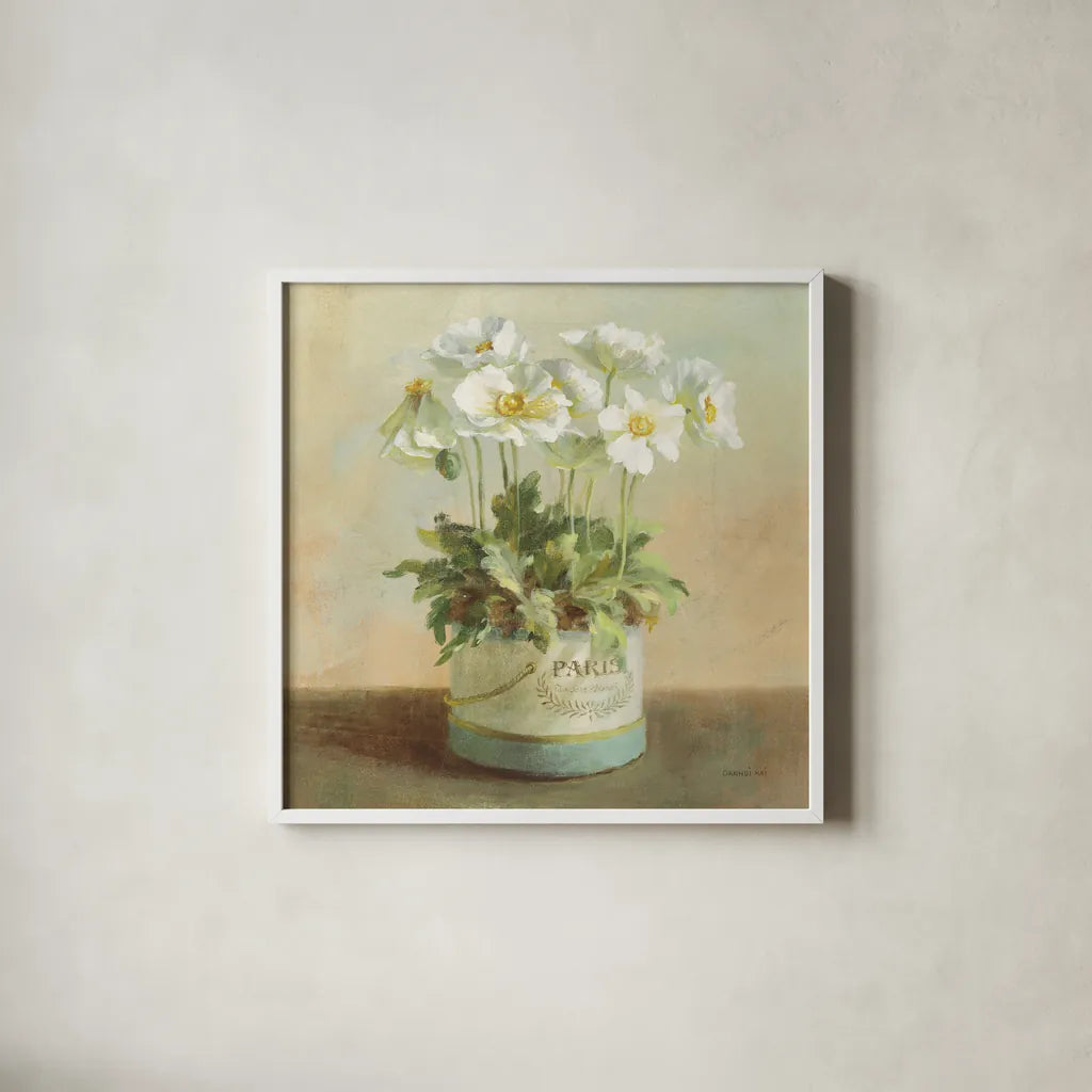 Tres Chic Poppies by Danhui Nai. Shown in a crisp white glass frame for a clean and minimalist style. Available as an archival giclee rolled canvas, fine art paper, or poster print. SKU 10159a.