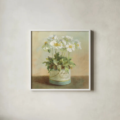 Tres Chic Poppies by Danhui Nai. Shown in a crisp white glass frame for a clean and minimalist style. Available as an archival giclee rolled canvas, fine art paper, or poster print. SKU 10159a.