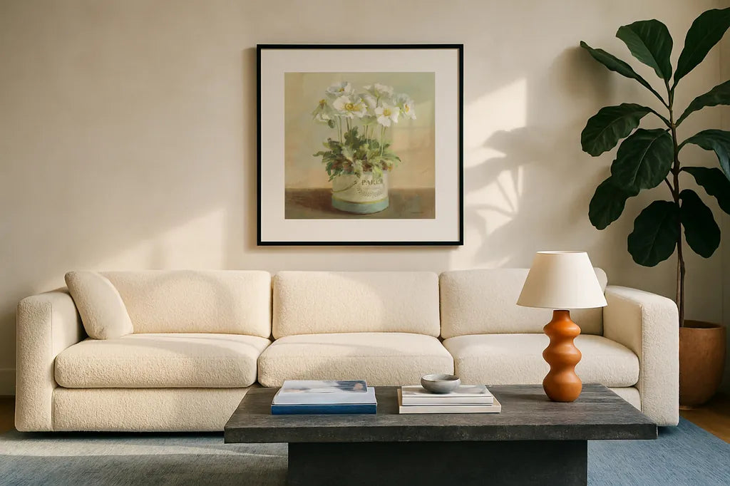 Tres Chic Poppies by Danhui Nai. Displayed in a glass frame with matte in a clean modern living room. Available as an archival giclee rolled canvas, fine art paper, or poster print. SKU 10159a.