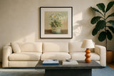 Tres Chic Poppies by Danhui Nai. Displayed in a glass frame with matte in a clean modern living room. Available as an archival giclee rolled canvas, fine art paper, or poster print. SKU 10159a.