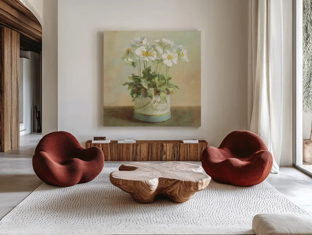 Tres Chic Poppies by Danhui Nai. Shown as extra-large giant wall art in a modern living room. Available as an archival giclee rolled canvas, fine art paper, or poster print. SKU 10159a.