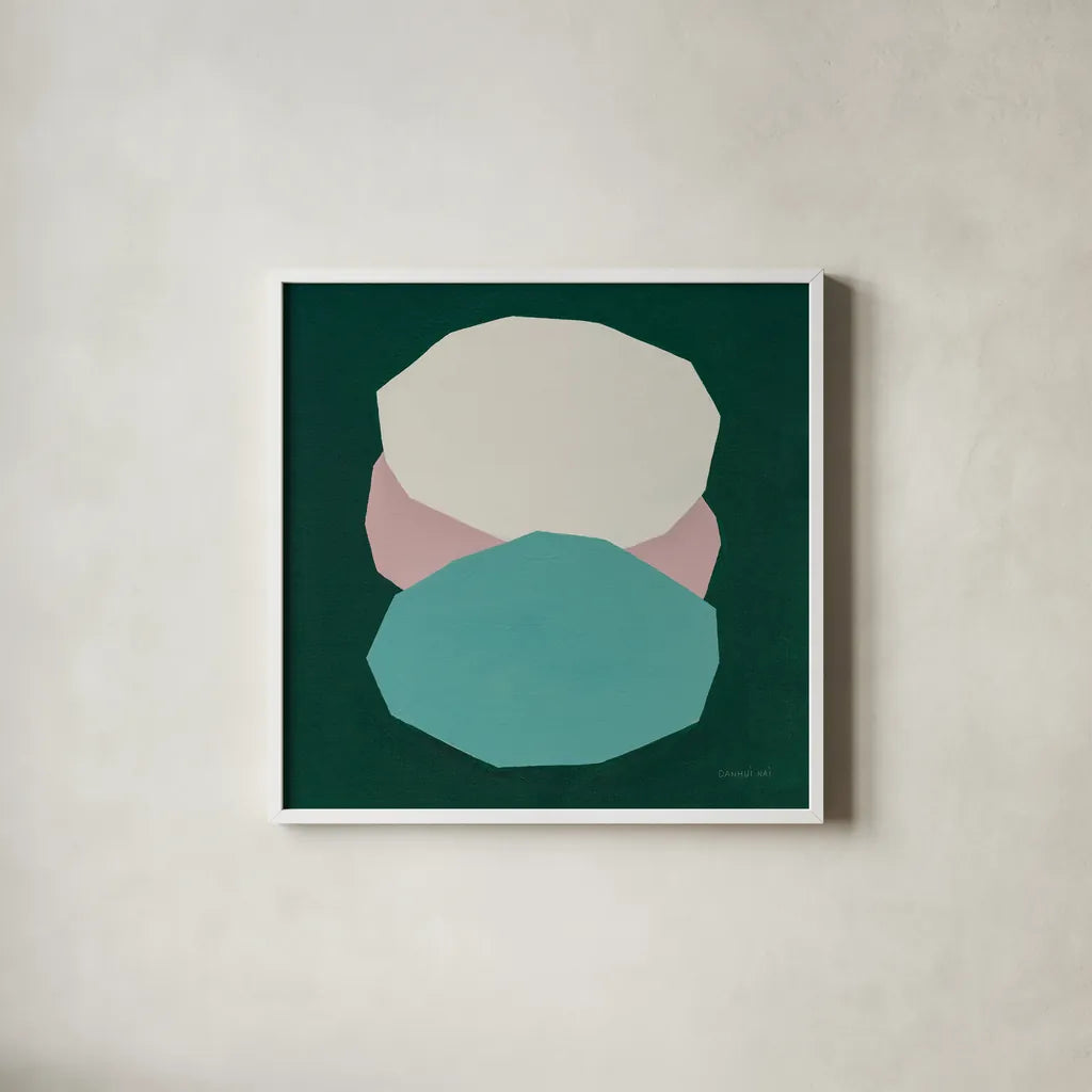 Trio by Danhui Nai. Shown in a crisp white glass frame for a clean and minimalist style. Available as an archival giclee rolled canvas, fine art paper, or poster print. SKU 85829a.