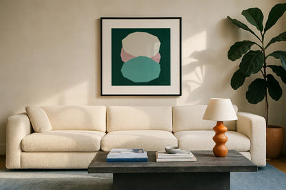 Trio by Danhui Nai. Displayed in a glass frame with matte in a clean modern living room. Available as an archival giclee rolled canvas, fine art paper, or poster print. SKU 85829a.